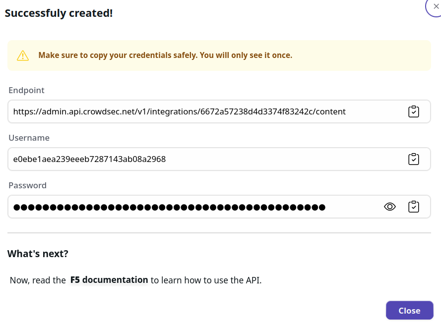 F5 Integration Credentials Screen